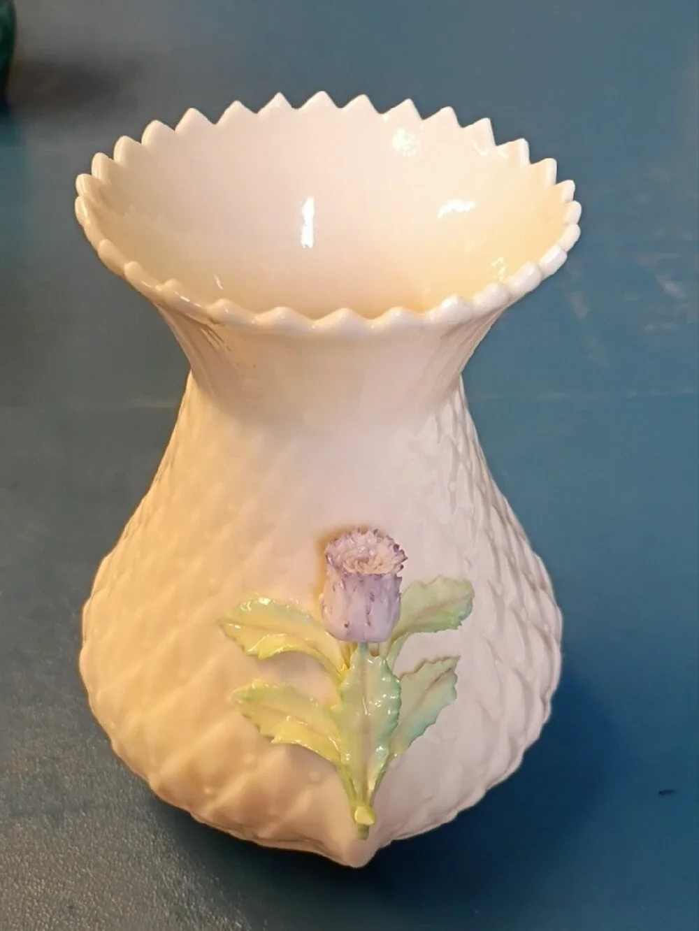Belleek PotteryCream-White Porcelain Vase with Pastel Floral Appliqués